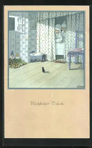 Künstler-AK Pauli Ebner: Nächtlicher Besuch, Kinder beobachten eine Maus aus dem Bett heraus