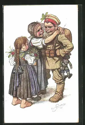 Künstler-AK Emil Beithan: zwei Mädchen in Trachtenkleidern umarmen einen Soldaten