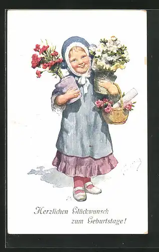 Künstler-AK Karl Feiertag: lächelndes Mädchen mit Blumentöpfen und Körbchen