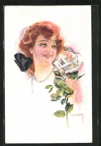 Künstler-AK Luis Usabal: lächelnde rothaarige Frau mit Engel auf einer Rosenblüte