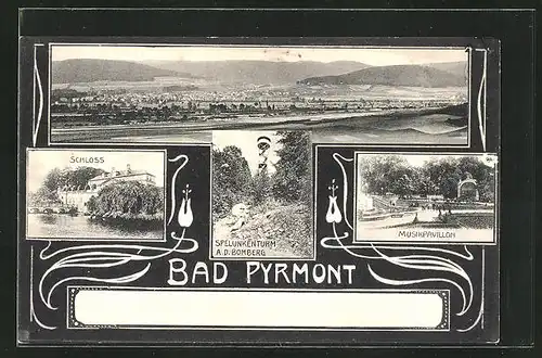 AK Bad Pyrmont, Schloss, Gesamtansicht, Musikpavillon & Spelunkenthurm