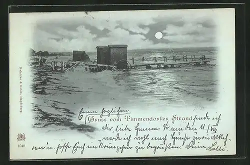 Mondschein-AK Timmendorfer Strand a.d. Ostsee, Umkleidekabinen am Meer