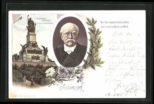 Vorläufer-Lithographie 1895, Wir Deutsche fürchten Gott..., Portrait Bismarck & Nationaldenkmal a.d. Niederwald