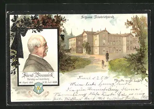 Lithographie Sterbekarte Fürst Bismarck & Schloss Friedrichsruh