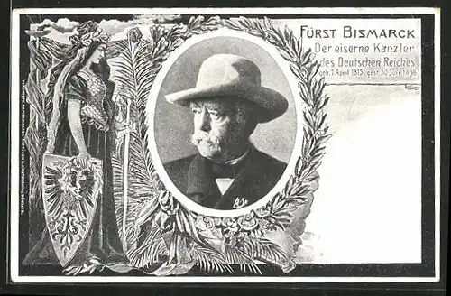 AK Fürst Bismarck, der eiserne Kanzler, Portrait mit Hut und Germania