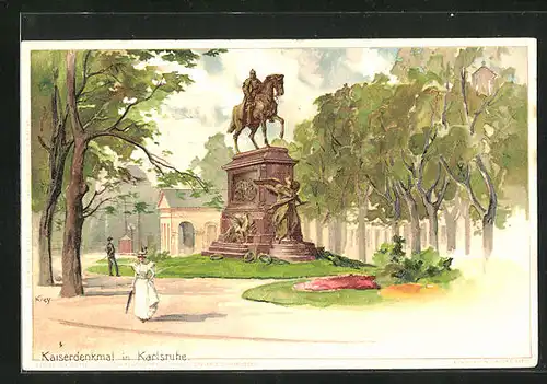 Künstler-AK Heinrich Kley: Karlsruhe, Partie am Kaiserdenkmal
