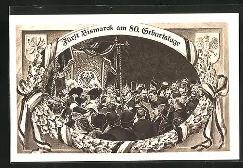 AK Fürst Bismarck am 80. Geburtstag, Eichenkranz und Wappen