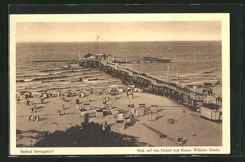 AK Heringsdorf / Ostsee, Blick auf Strand und Kaiser Wilhelm-Brücke