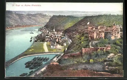 AK St. Goar am Rhein, Totale mit Ruine Rheinfels