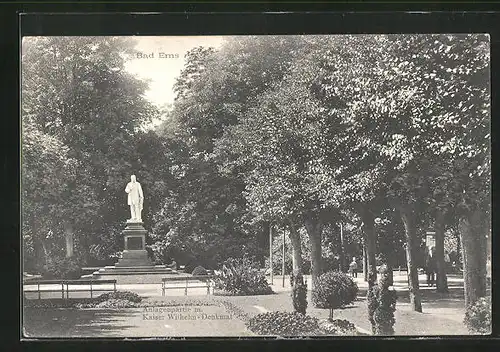 AK Ems, Anlagenpartie mit Kaiser Wilhelm Denkmal