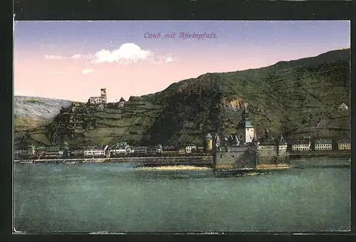 AK Caub, Rheinpfalz mit Ortsansicht