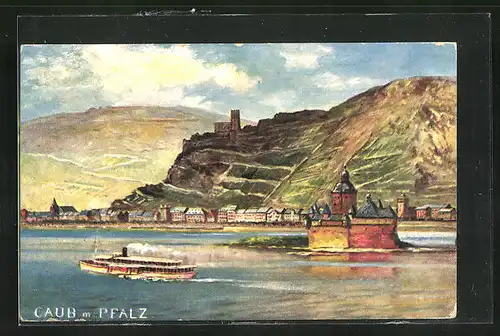 AK Caub, Dampfer auf der Pfalz