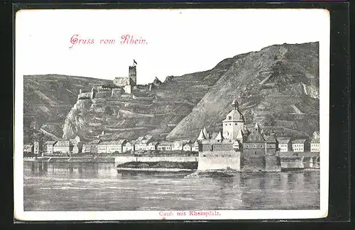 AK Caub, Ortsansicht mit Ruine