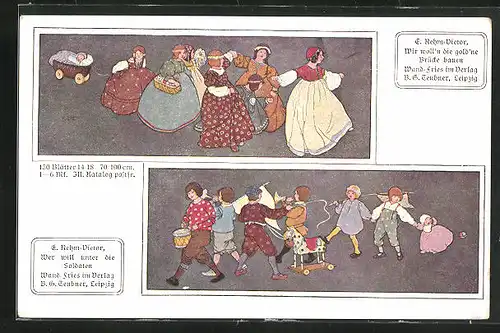Künstler-AK sign. E. Rehm-Dietor: Mädchen und Buben in Tracht mit Spielzeug beim Tanzen