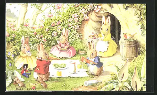 Künstler-AK sign. Racey Helps: niedliche Hasenfamilie bei einem Picknick vor der Baumhütte