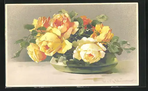 Künstler-AK Catharina Klein: schöne gelb blühende Rosen in einer Vase