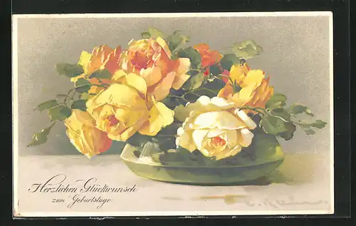 Künstler-AK Catharina Klein: schöne gelb blühende Rosen in einer Vase, Geburtstagsgruss