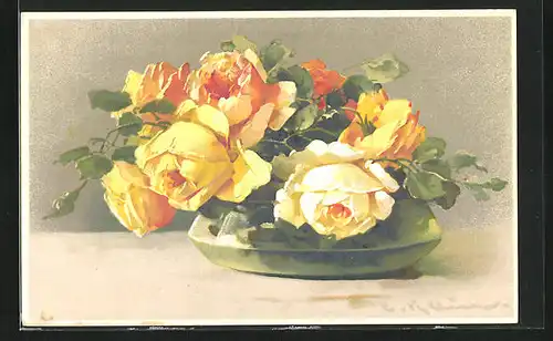 Künstler-AK Catharina Klein: schöne gelb blühende Rosen in einer Vase