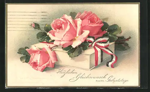 Künstler-AK Catharina Klein: schöne rosa blühende Rosen auf einer Geschenkschachtel