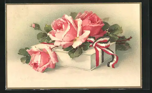 Künstler-AK Catharina Klein: schöne rosa blühende Rosen auf einer Geschenkschachtel