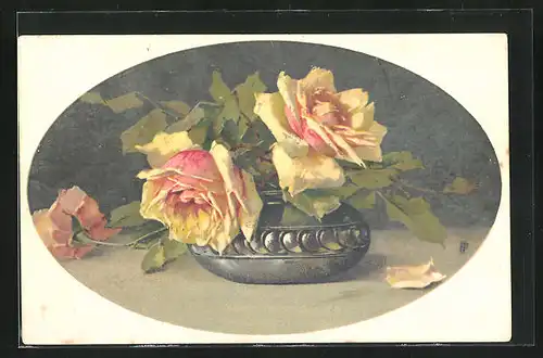 Künstler-AK Catharina Klein: gelbe Rosen mit Grün in einer verzierten Vase