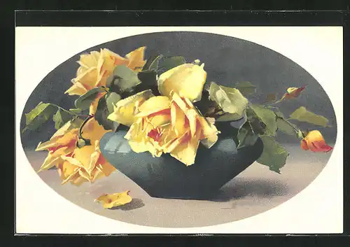 Künstler-AK Catharina Klein: gelbe Rosen mit Grün in einer blauen Vase