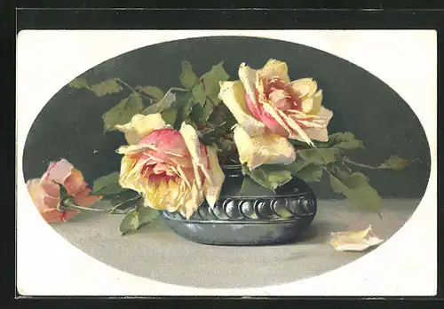 Künstler-AK Catharina Klein: gelbe Rosen mit Grün in einer verzierten Vase