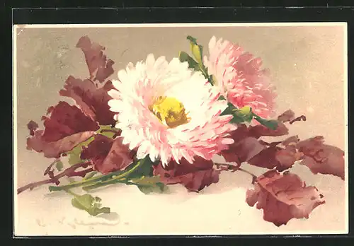 Künstler-AK Catharina Klein: rosa blühende Blumen mit Herbstlaub