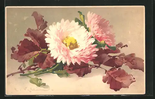 Künstler-AK Catharina Klein: rosa blühende Blumen mit Herbstlaub