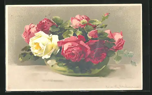 Künstler-AK Catharina Klein: schönes Rosenbukett in einer Vase