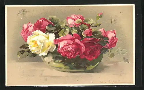 Künstler-AK Catharina Klein: schönes Rosenbukett in einer Vase