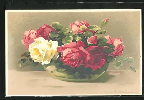 Künstler-AK Catharina Klein: schönes Rosenbukett in gelb und rosa in einer Vase