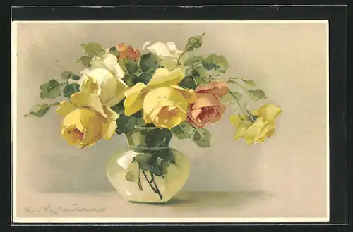 Künstler-AK Catharina Klein: hübscher farbenfroher Rosenstrauss in einer Vase