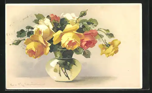Künstler-AK Catharina Klein: hübscher farbenfroher Rosenstrauss in einer Vase