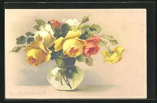 Künstler-AK Catharina Klein: hübscher farbenfroher Rosenstrauss in einer Vase