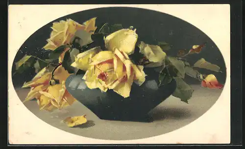 Künstler-AK Catharina Klein: gelbe Rosen blühen hübsch in einer Vase