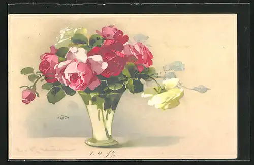 Künstler-AK Catharina Klein: farbenfroher Rosenstrauss in einer Blumenvase