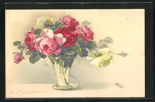 Künstler-AK Catharina Klein: farbenfroher Rosenstrauss in einer Blumenvase