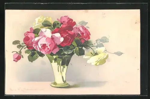 Künstler-AK Catharina Klein: schöne Blumenvase mit Rosenstrauss