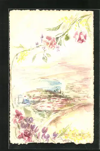 Künstler-AK Handgemalt: Landschaftspanorama mit der Ortschaft unter dem Hügel, Blumenzier am Rand