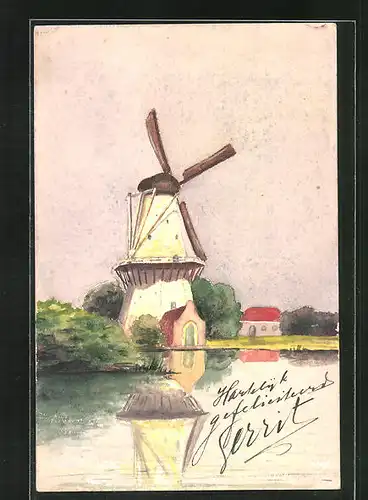 Künstler-AK Handgemalt: auf dem Wasser neben der Windmühle