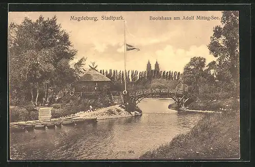 AK Magdeburg, Stadtpark, Bootshaus am Adolf Mittag-See