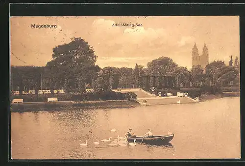 AK Magdeburg, Blick zum Dom vom Adolf Mittag-See aus