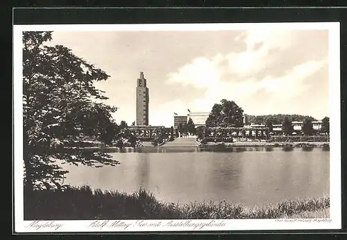 AK Magdeburg, Adolf Mittag-See mit dem Ausstellungsgelände