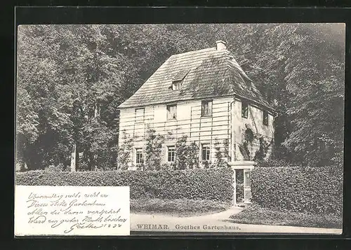 AK Weimar, am Zaun vor Goethes Gartenhaus im Park