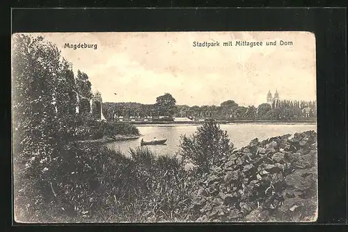 AK Magdeburg, Stadtpark mit Mittagsee und Dom