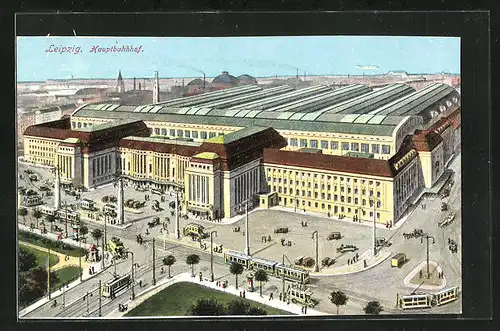 AK Leipzig, Blick auf den Hauptbahnhof, Strassenbahnen auf dem Vorplatz