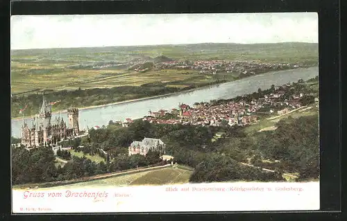 AK Königswinter, Drachenfels, Blick auf Drachenburg und die Stadt am Fluss