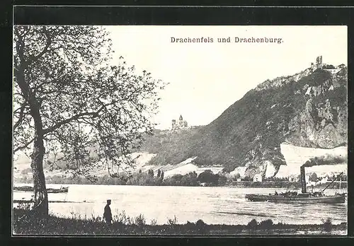 AK Königswinter, Drachenfels, Blick vom Ufer zur Drachenburg