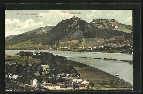 AK Königswinter, Drachenfels, Blick über den Fluss zur Drachenburg